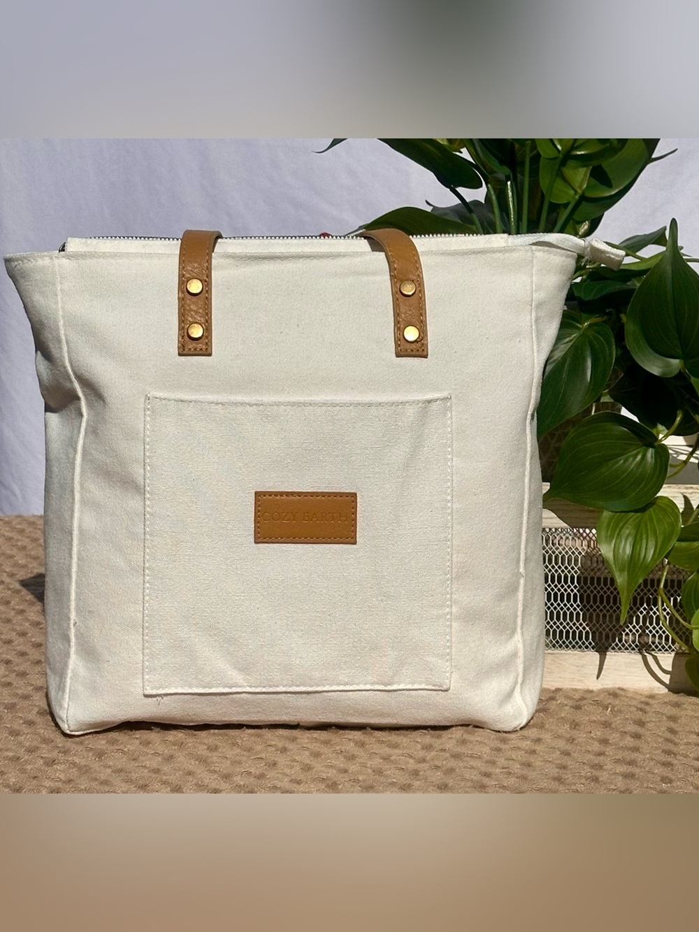 Cozy Earth Canvas Tote Bag Cream Tan Leather Handles Minimalist Coastal